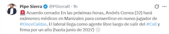 El periodista Felipe Sierra aseguró que Andrés Correa será nuevo jugador de Once Caldas de Manizales - crédito @pipesierrar/X