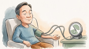 Ilustración de un hombre sentado con los ojos cerrados y un tensiómetro colocado en el brazo, conectado a un manómetro sobre una mesa.