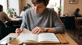 Una persona sostiene un bolígrafo y lee un cuaderno abierto con manuscritos sobre una mesa junto a una taza de café y un teléfono.