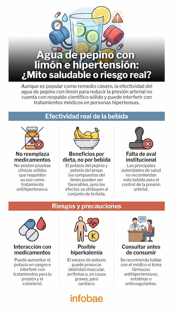 Infografía con vaso de agua con pepino y limón, pastillas, tensiómetro, sellos, cuencos de fruta, frascos, iconos de personas y texto explicativo.