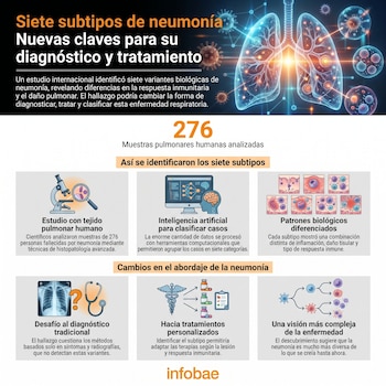 Infografía detallada sobre siete subtipos de neumonía. Muestra ilustración de pulmones, microscopio, IA, células, radiografía, medicamentos y el logo Infobae.