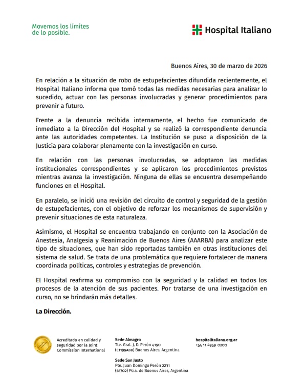 Un documento oficial del Hospital Italiano de Buenos Aires detalla las acciones tomadas y la investigación en curso tras el robo de estupefacientes en la institución.