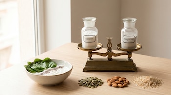 Mesa de madera con yogur, espinacas, semillas de chía, calabaza, almendras y arroz integral. Una balanza antigua sostiene frascos etiquetados 'calcio' y 'magnesio'.
