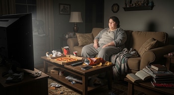 Una persona sentada en un sofá marrón en una sala poco iluminada, mirando la televisión. Hay una pizza, patatas fritas y bebidas en la mesa de centro con desechos.