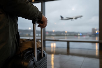 Una persona agarra el asa de una maleta dentro de un aeropuerto mientras un avión despega a través del ventanal.