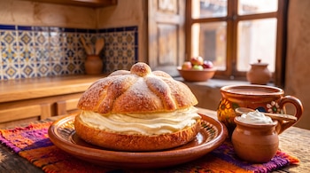 Pan de muerto relleno de crema en plato de barro, taza con chocolate caliente, tarro pequeño con nata y cuchara sobre mantel textil en una cocina.