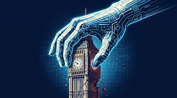 Una mano digital azul y blanca con circuitos sujeta la torre del reloj Big Ben en un fondo oscuro con patrones de cuadrícula.