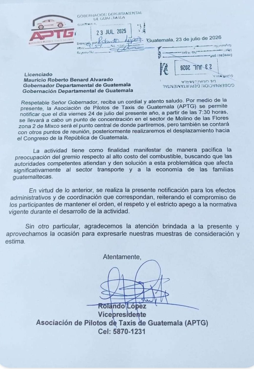La Asociación de Pilotos de Taxis ya presentaron a Gobernación departamental una carta que confirma una caravana que iniciará en el Molino de las Flores, zona 2 de Mixco. (Cortesía)