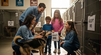 Una familia de cinco, con dos adultos y tres niños, interactúa con un perro en un refugio de animales. El perro lleva un letrero de "Adopt Me" y jaulas se ven al fondo.