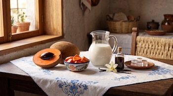 Un mamey entero y uno cortado, cubos de fruta en una vasija, una jarra de leche, vainilla e hielo sobre un mantel bordado.