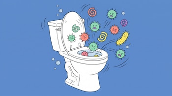 Ilustración de un inodoro blanco de tapa abierta, con bacterias y virus estilizados de colores flotando alrededor en un fondo azul claro.