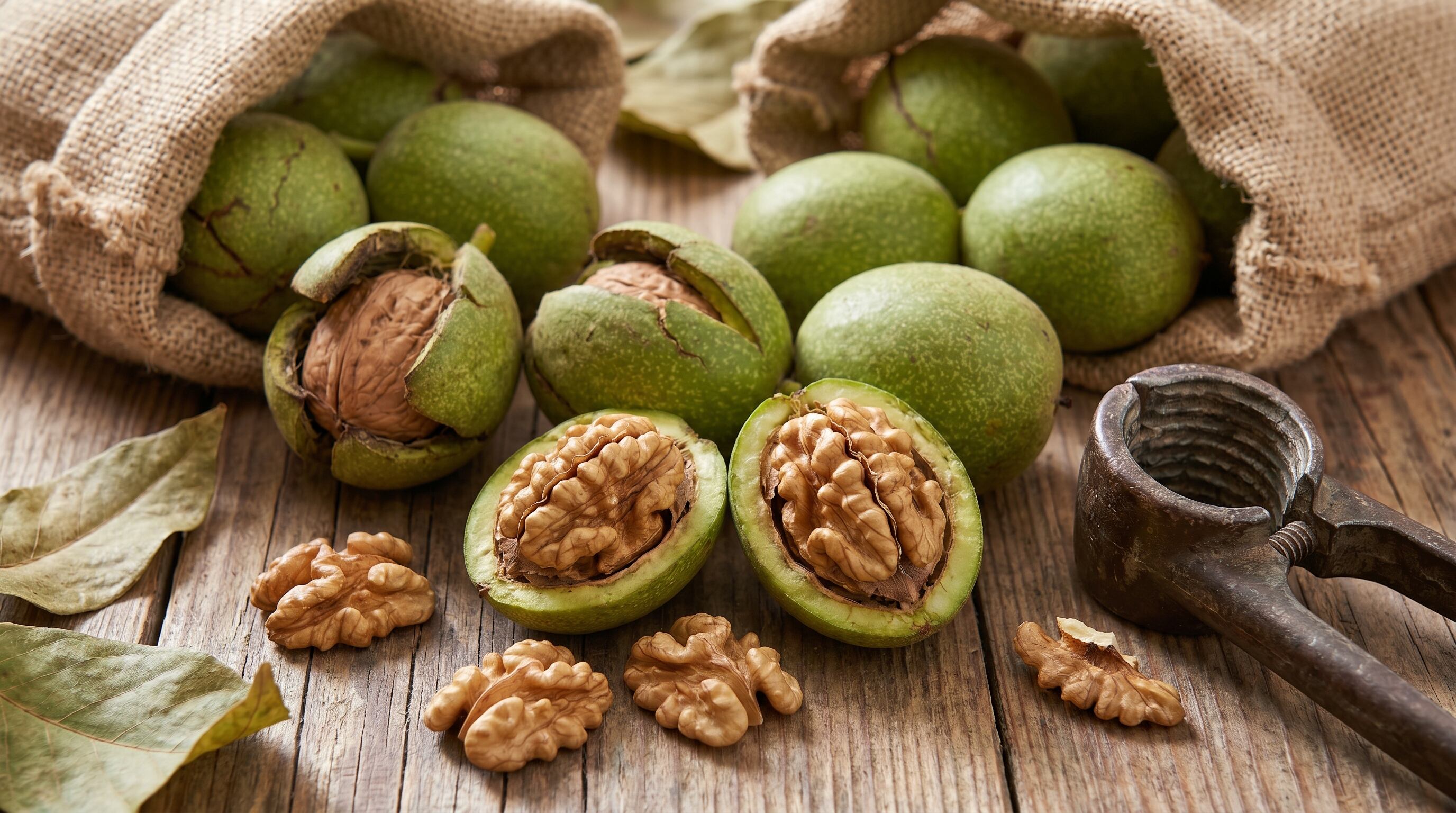 Una variedad de nueces de Castilla frescas, incluyendo algunas en su cáscara verde, otras abiertas con el fruto expuesto y partes de nueces peladas, se presentan sobre una superficie de madera junto a un cascanueces de metal. (Imagen Ilustrativa Infobae)