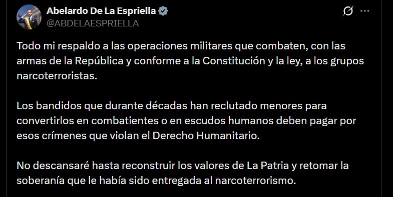 Abelardo de la Espriella afirmó que no “descansará” hasta recuperar y reconstruir la soberanía, que según él fue entregada al “narcoterrorismo” - crédito @ABDELAESPRIELLA/X