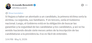 Benedetti señaló que las medidas de protección se vienen implementando desde meses antes del inicio oficial de las inscripciones para las elecciones de 2026 - crédito @AABenedetti/X