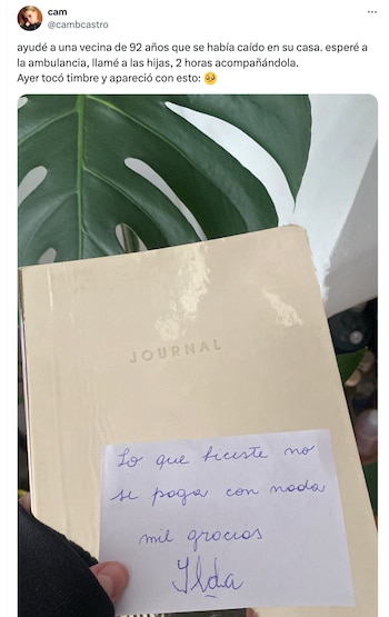 Virales- Ayudó a una vecina de 92 años que se había accidentado y, una vez recuperada, la mujer le dejó una nota que lo emocionó