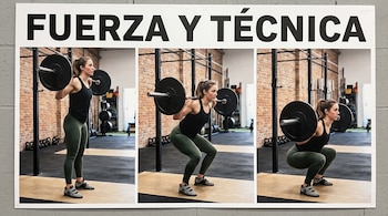 Cartel con el texto Fuerza y Técnica y tres imágenes en secuencia de una mujer que ejecuta una sentadilla con barra.