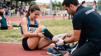 Una atleta sentada en la pista sostiene su pierna mientras un especialista con guantes examina su pie vendado con hematomas.