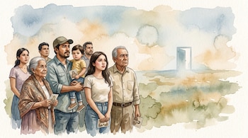Siete personas de distintas edades están de pie y sostienen pequeñas fotografías frente a un espacio abierto con la silueta de una puerta.