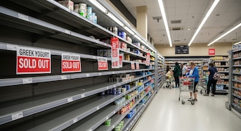 Pasillo de supermercado australiano con estantes en gran parte vacíos, mostrando carteles de "Yogur griego agotado" y personas comprando.