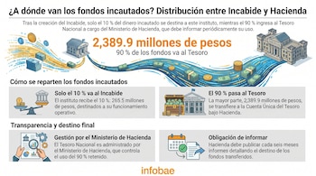 Infografía visualiza la distribución de fondos incautados en Argentina, con el 10% para Incabide y el 90% para el Tesoro Nacional, ilustrando flujos de dinero y edificios.