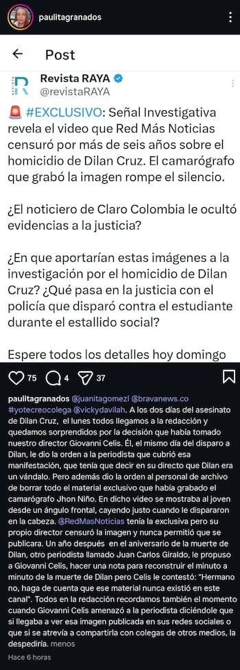 Una periodista denunció supuesto encubrimiento y censura de imágenes exclusivas sobre el impacto letal a Dilan Cruz desde la dirección de Red+ Noticias - crédito paulitagranados / Instagram