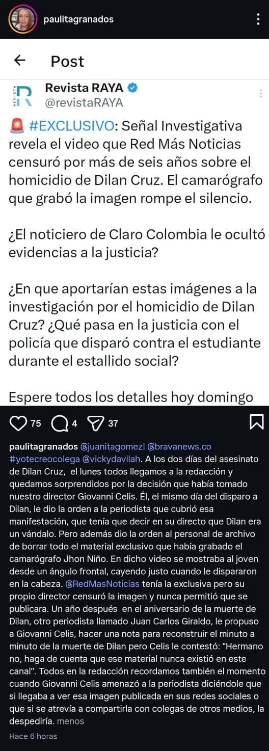 Una periodista denunció supuesto encubrimiento y censura de imágenes exclusivas sobre el impacto letal a Dilan Cruz desde la dirección de Red+ Noticias - crédito paulitagranados / Instagram