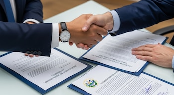 Dos manos con traje y camisa se estrechan sobre una mesa. Una muñeca lleva un reloj de pulsera. Varios contratos y documentos descansan sobre la superficie.