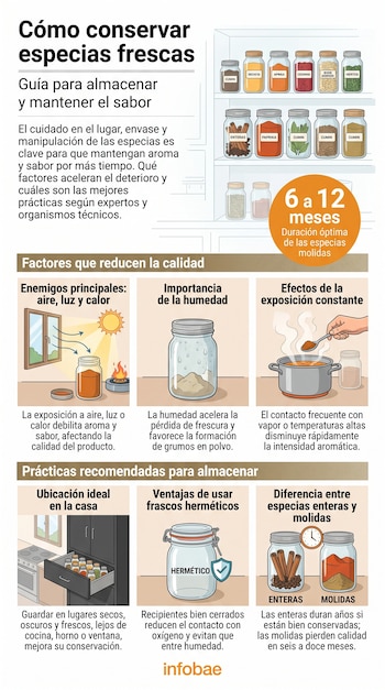 Infografía sobre conservación de especias con texto, estantes de frascos, diagramas de factores ambientales, una cocina, un cajón y un frasco hermético.