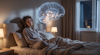 Mujer en pijama sentada en la cama, ojos cerrados y expresión cansada. Sobre su cabeza, ilustración de cerebro semitransparente con puntos de luz.