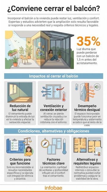 Infografía de Infobae. Ilustraciones de balcón abierto y cerrado. Iconos de luz, ventilación, temperatura, legalidad, y texto informativo sobre cierres.