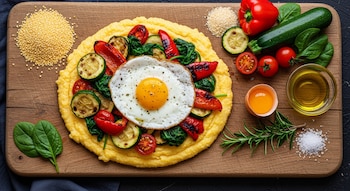 Plato de polenta con huevo frito, calabacín, pimiento y espinaca. Alrededor, cuscús, pimiento rojo, calabacín, tomates cherry, espinacas, huevo crudo, aceite, romero y sal.