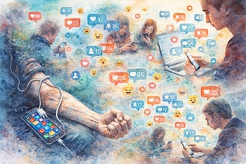 Ilustración en acuarela: personas usando teléfonos y laptop, un brazo con torniquete conectado a un móvil. Múltiples burbujas de notificaciones de redes sociales y emojis flotan.