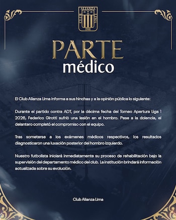 Alianza Lima confirmó la lesión de Federico Girotti y los pasos a seguir. - créditos: Alianza Lima
