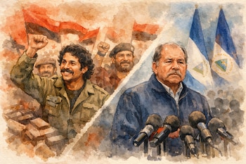 Ilustración acuarela con Daniel Ortega en dos escenas: joven entre banderas sandinistas y maduro con micrófonos y banderas de Nicaragua, junto a una multitud.