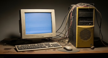 Computador de escritorio antiguo y sucio con monitor CRT de pantalla azul, CPU amarilla, teclado, ratón y cables enredados, todo sobre una mesa de madera.