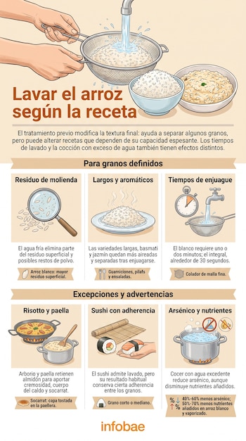 Infografía con ilustraciones sobre el enjuague de arroz, coladores, platos y recipientes de cocina con esquemas explicativos.