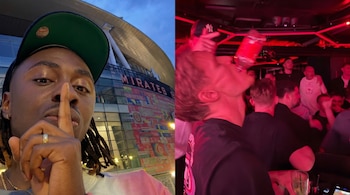 Imagen partida: un hombre con gorra y dedo en los labios frente al Emirates Stadium; y otro hombre bebiendo de una botella en un club nocturno con luces rojas.