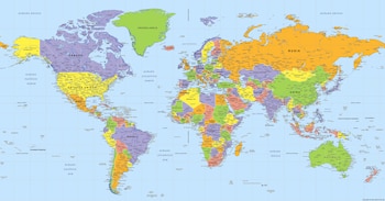 Mapa político del mundo con los continentes de colores vibrantes, destacando las fronteras nacionales, capitales y océanos, todo etiquetado en español