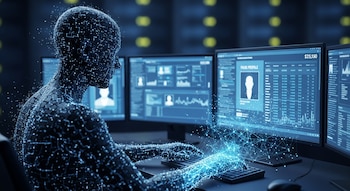 Vista lateral de una figura humana digital de puntos y líneas azules interactuando con tres monitores de computadora que muestran gráficos, datos y un "PERFIL FALSO".