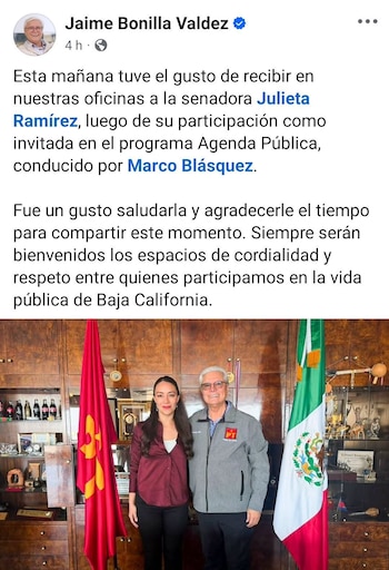 El exogbernador petista de Baja California recibió en sus oficinas a la senadora morenista.
Crédito: Meta / Jaime Bonilla Valdez