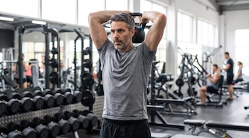 Un hombre de mediana edad con camiseta gris y pantalón corto negro sujeta una pesa rusa negra sobre su cabeza, haciendo ejercicio en un gimnasio con máquinas y mancuernas.