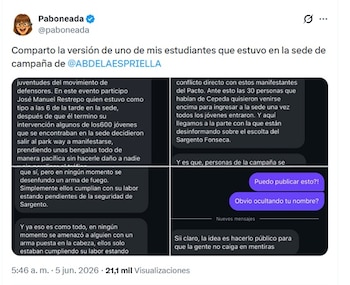 Una docente universitaria compartió el relato de una de sus alumnas, y que afirmó haber estado en el evento de jóvenes en apoyo a Abelardo de la Espriella - crédito @paboneada/X
