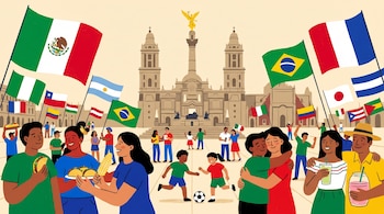 Ilustración con personas diversas y banderas de varios países en una plaza de México. Se observan tacos, elote, bebidas, niños jugando fútbol y edificios como la Catedral y El Ángel.