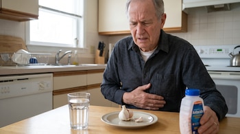 Un hombre mayor con expresión de dolor se sujeta el abdomen mientras está sentado a una mesa de cocina, junto a un plato con ajo, un vaso de agua y un frasco de antiácidos.