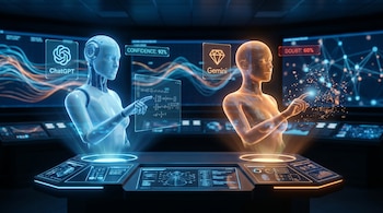 Dos figuras holográficas, ChatGPT y Gemini, interactúan con paneles de control futuristas mostrando indicadores de confianza y duda en un entorno digital.