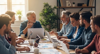 Vista lateral de un equipo diverso de seis personas sentadas alrededor de una mesa de madera, con laptops abiertas, papeles y tazas de café.