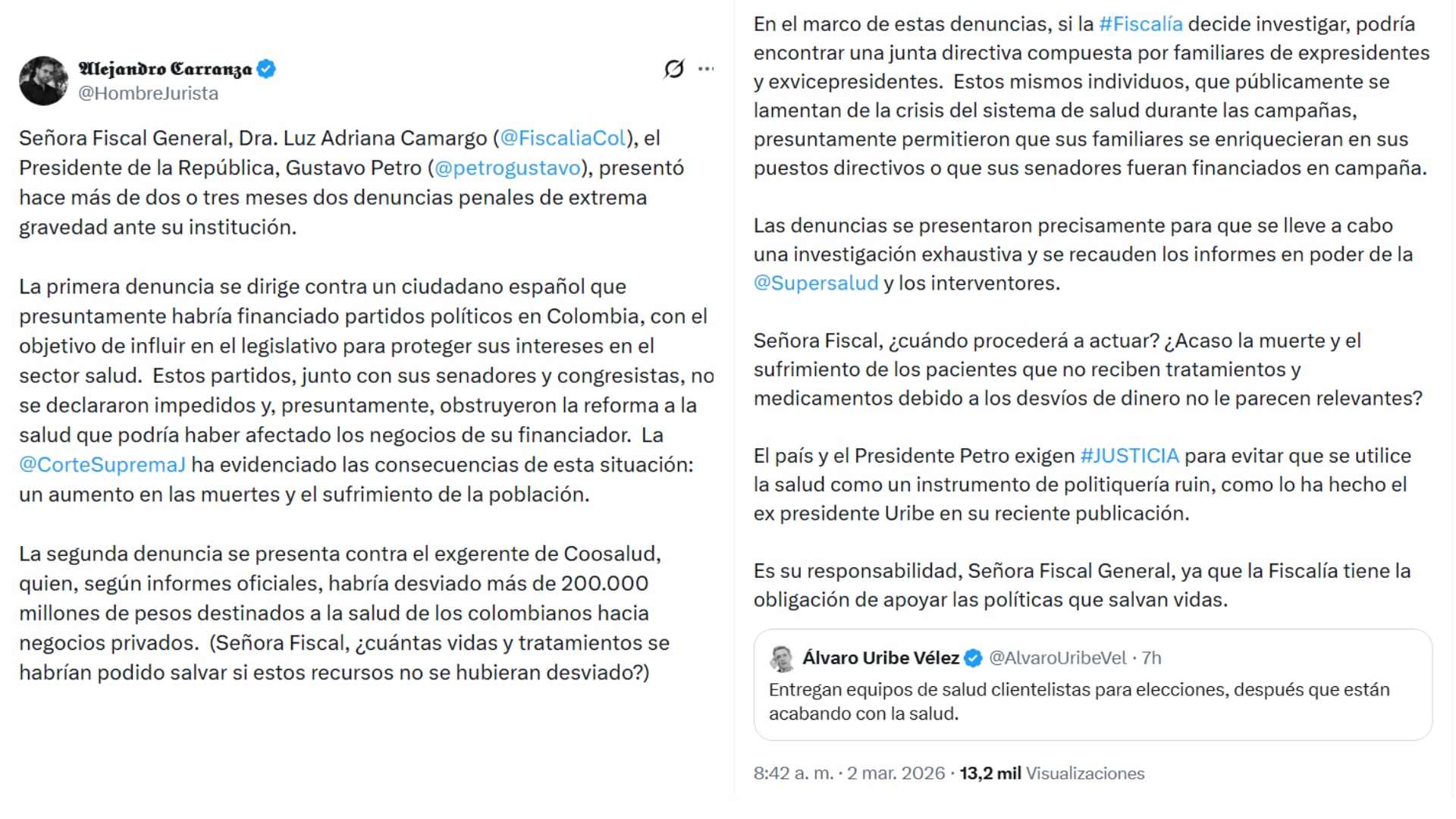 El abogado del presidente Gustavo Petro, Alejandro Carranza, respondió con contundencia a las acusaciones del expresidente Álvaro Uribe - crédito @HombreJurista/X