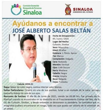 La ficha de búsqueda cuando José Alberto Salas Beltrán fue secuestrado en 2021. (FGE Sinaloa)