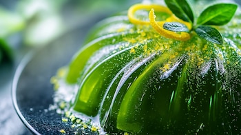 Postre en gelatina con aroma a cedrón, decorado con limón y hierbas frescas, presentación natural y elegante. – (Imagen Ilustrativa Infobae)