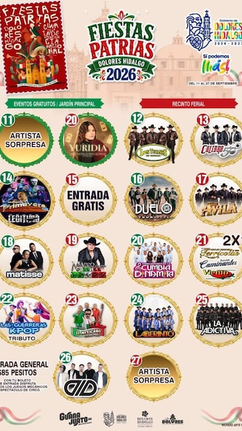 Cartel promocional con el calendario de conciertos de las Fiestas Patrias 2026, con fechas, fotos de agrupaciones musicales y logotipos oficiales